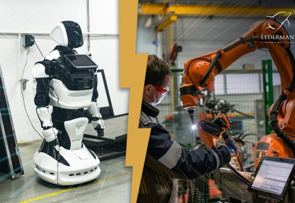 Robô humanoide em ambiente industrial ao lado de operador trabalhando com braço robótico de solda